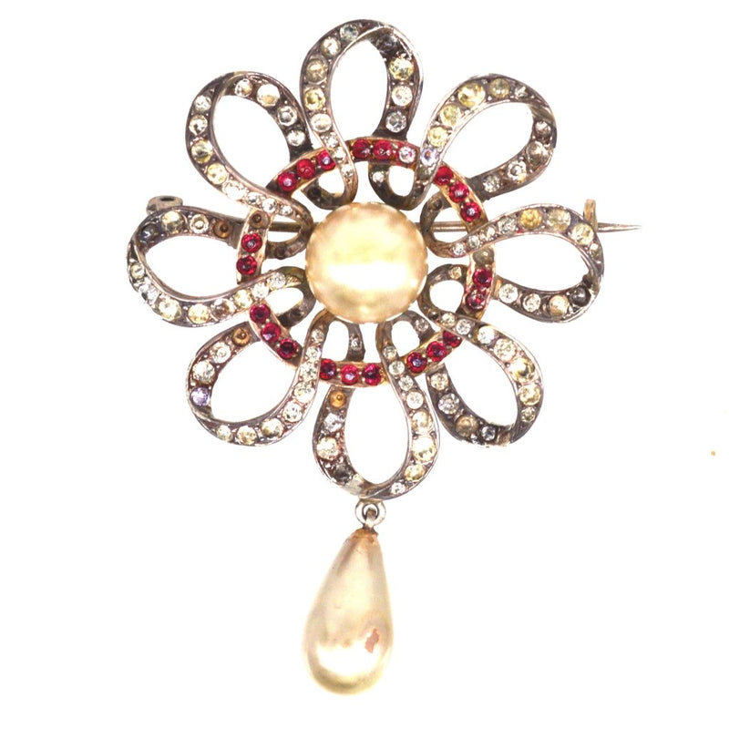 1910s Sterling Silver Faux Pearl & Paste Brooch