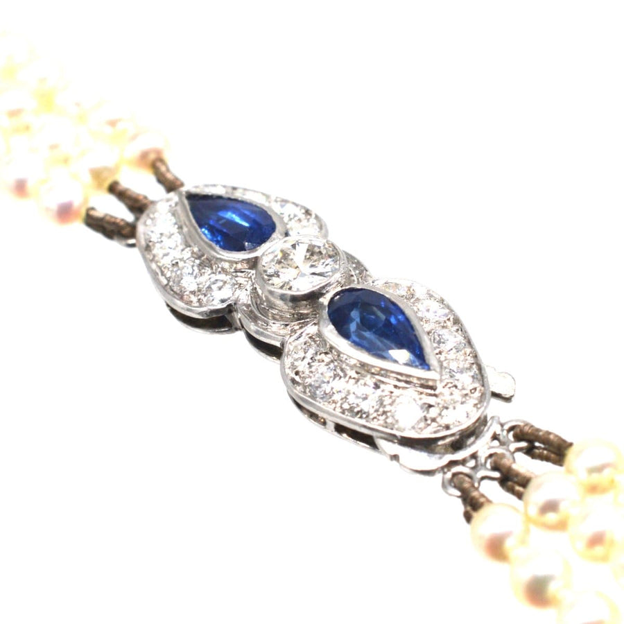1940s Cultured Pearl Triple Strand Necklace with Sapphire and Diamond Clasp | Parkin and Gerrish | Antique & Vintage Jewellery