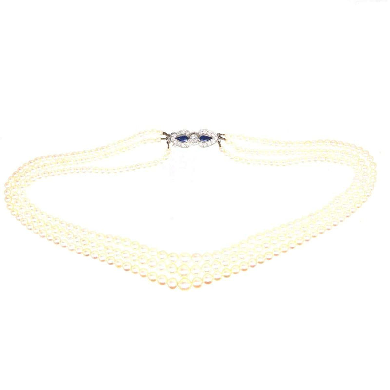 1940s Cultured Pearl Triple Strand Necklace with Sapphire and Diamond Clasp