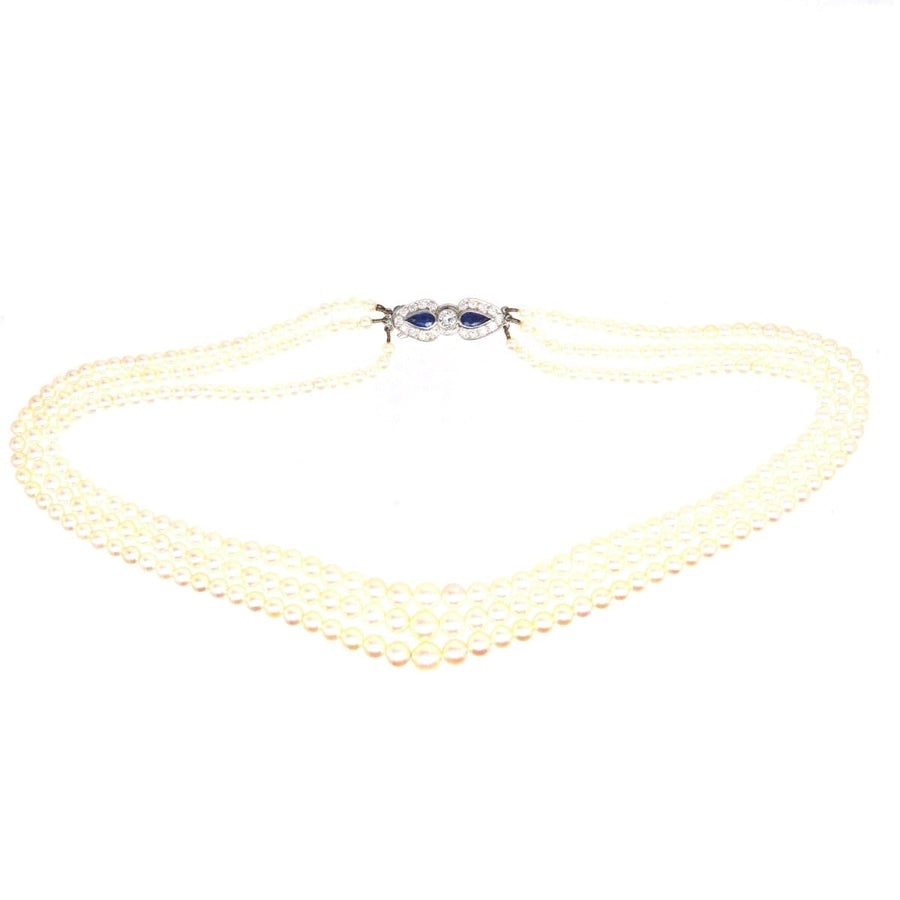 1940s Cultured Pearl Triple Strand Necklace with Sapphire and Diamond Clasp | Parkin and Gerrish | Antique & Vintage Jewellery