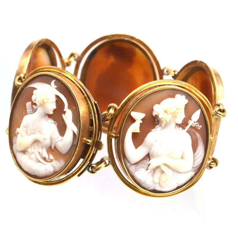 19th Century Grand Tour 18ct Gold Carved Cassis Tuberosa Helmet Shell Cameo of God and Goddess Bracelet