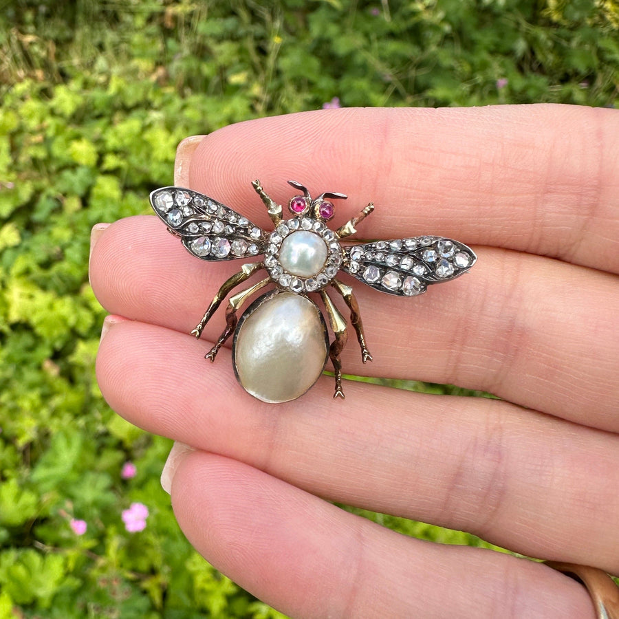 Victorian Silver & 18ct Gold, Rose Cut Diamond and Pearl Bee / Insect Brooch