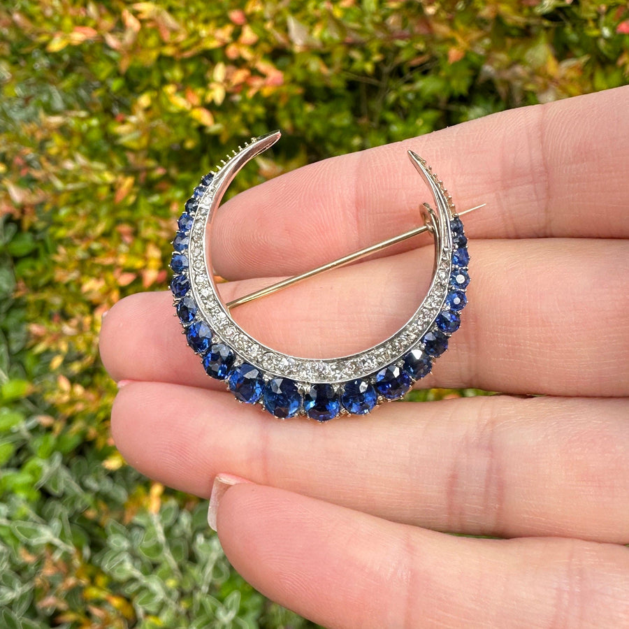 Victorian 18ct Gold, Sapphire and Diamond Crescent Moon Brooch