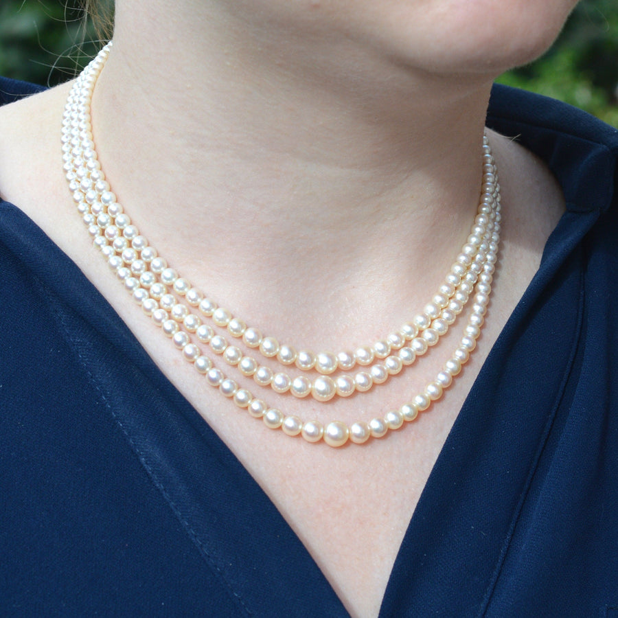 1940s Cultured Pearl Triple Strand Necklace with Sapphire and Diamond Clasp