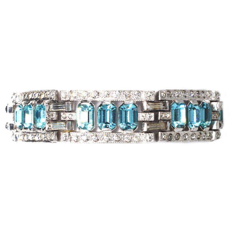 Art Deco Chrome White and Aquamarine Paste Bracelet