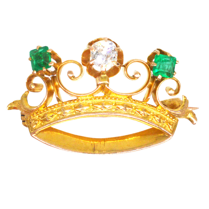 Edwardian 18ct Gold Emerald and Diamond Crown Brooch