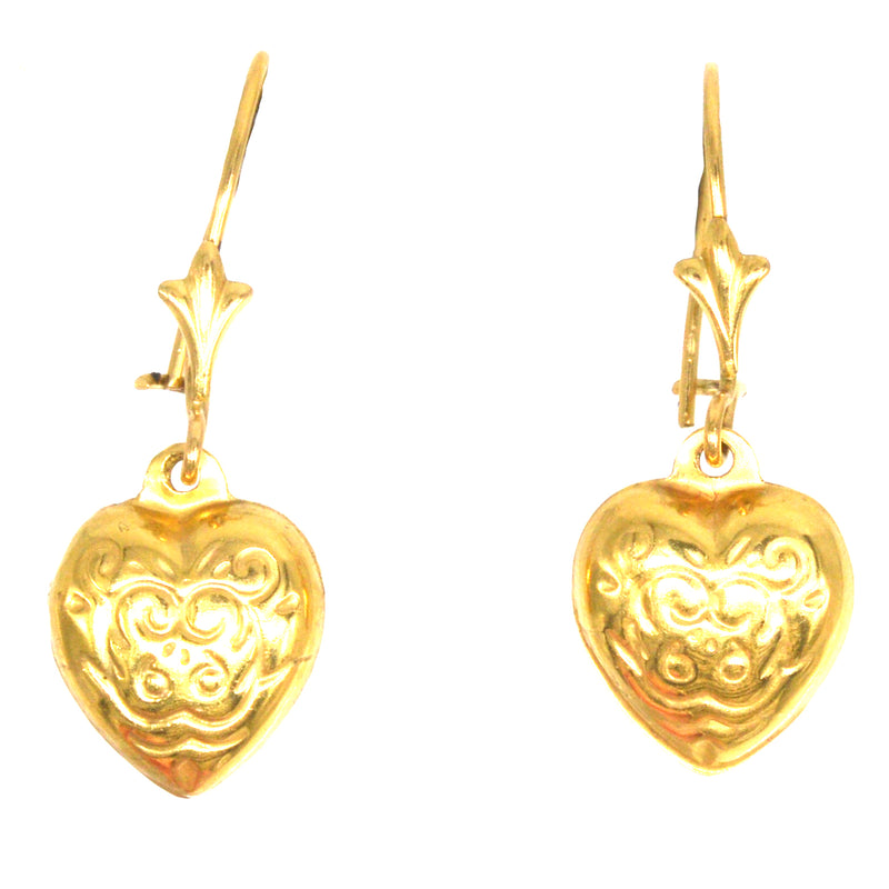 Vintage 1960s 9ct Gold Puffy Heart Drop Earrings