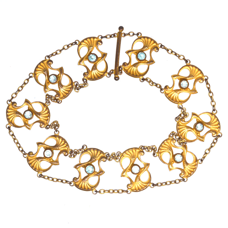 Art Nouveau Gold-Tone Choker Necklace with Aquamarine Paste