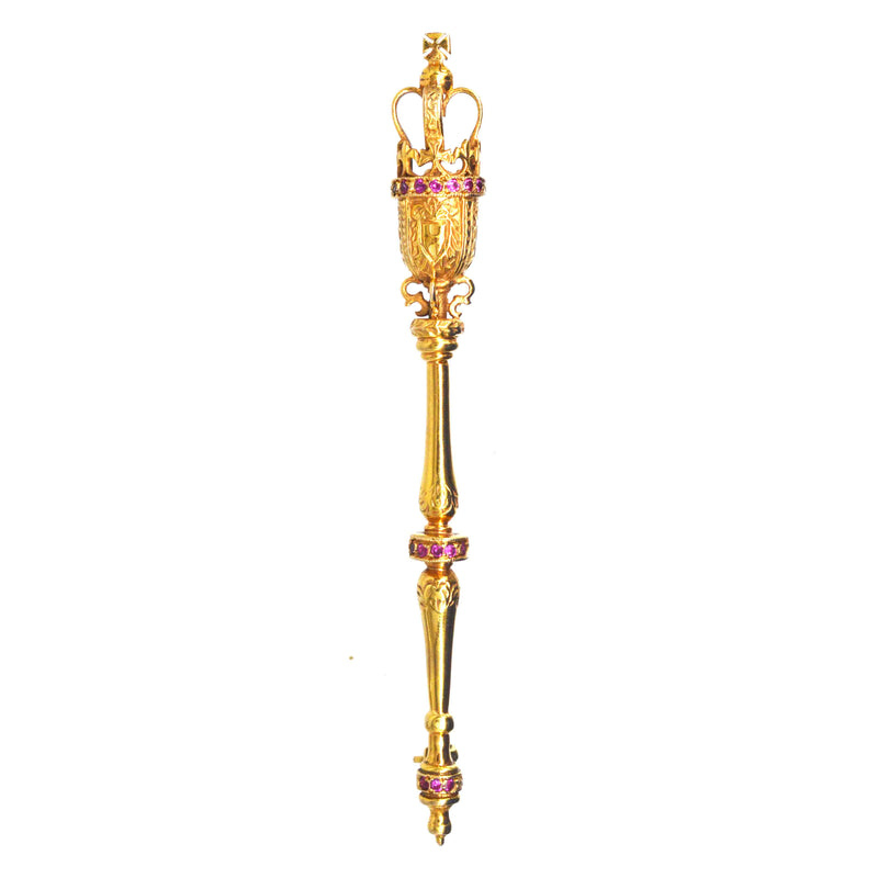 Vintage 9ct Gold Royal Mace Brooch with Rubies