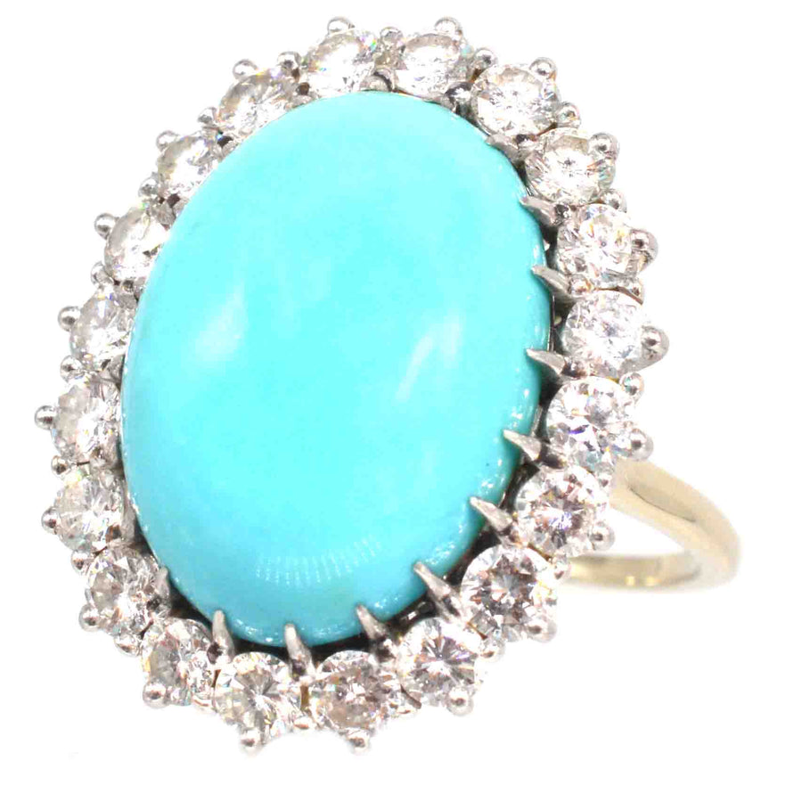 French Large Vintage Turquoise and Diamond Cluster Cocktail Ring