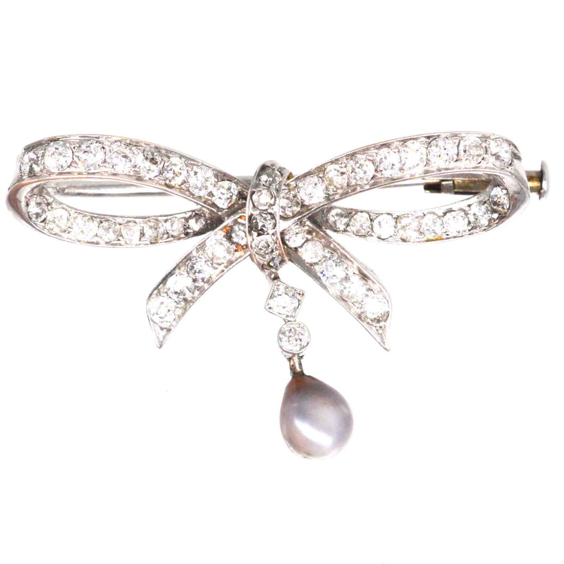 Early 20th Century 14ct White Gold Diamond and Grey Pearl Bow Brooch