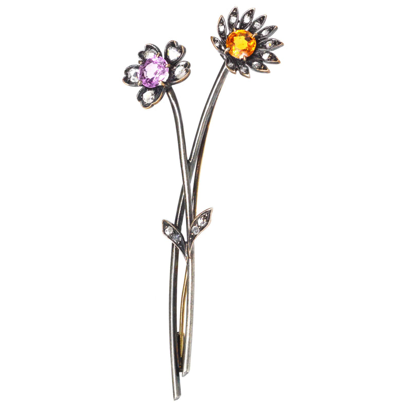 Early 20th Century Austro-Hungarian 14ct Gold Topaz & Rose Diamond Floral Brooch