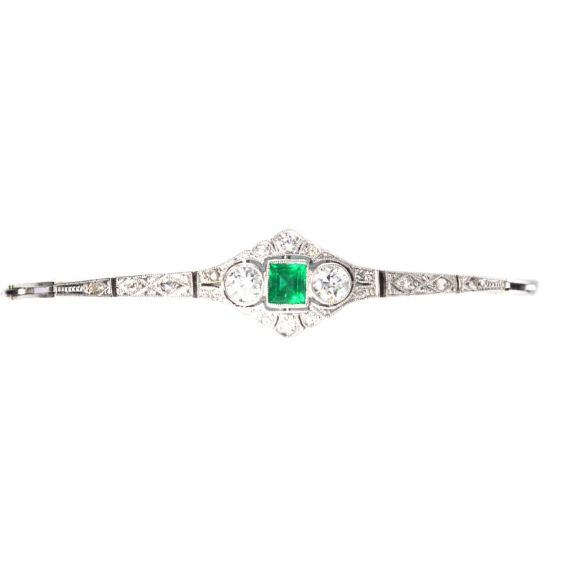 Art Deco 14ct White Gold Emerald and Diamond Three Stone Bracelet