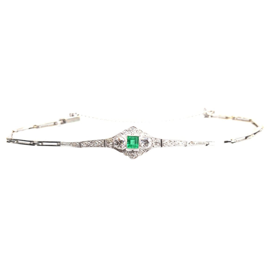 Art Deco 14ct White Gold Emerald and Diamond Three Stone Bracelet | Parkin and Gerrish | Antique & Vintage Jewellery