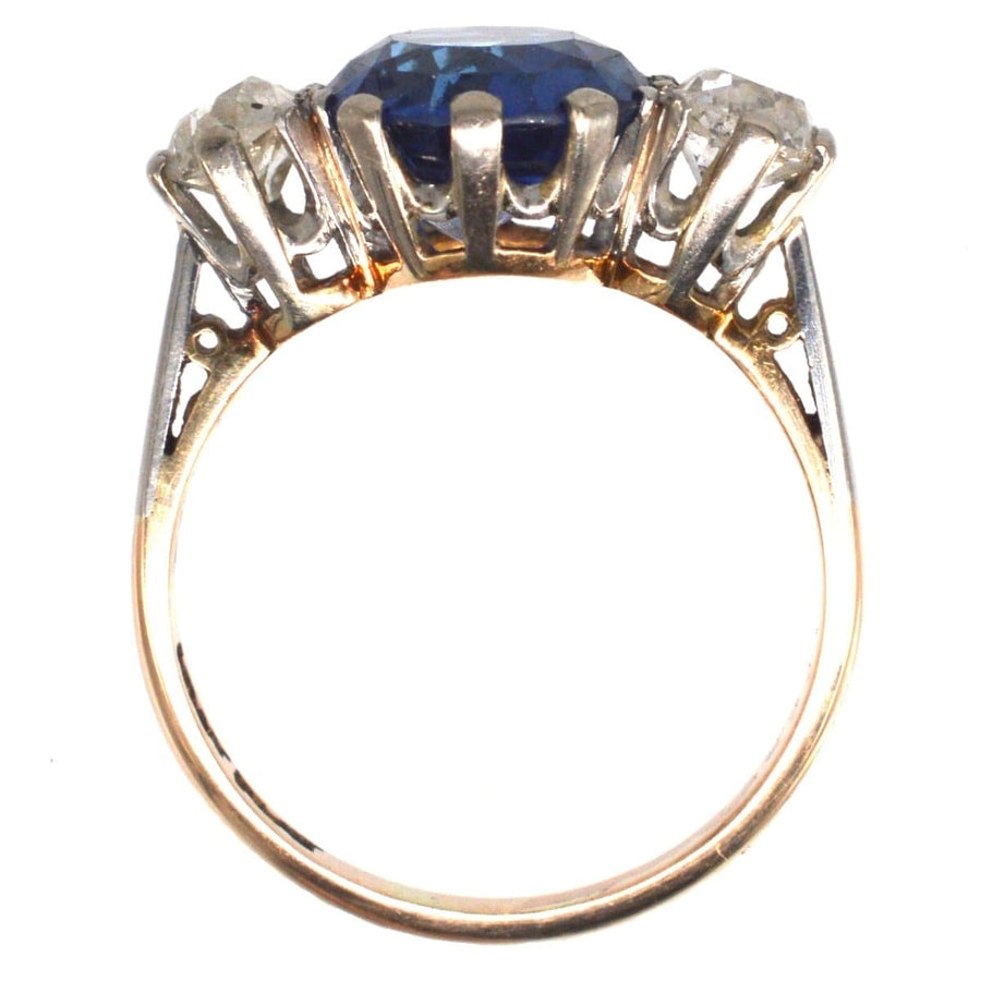 Art Deco 18ct Gold and Platinum Certificated Natural Ceylon Sapphire and Diamond Three Stone Ring | Parkin and Gerrish | Antique & Vintage Jewellery