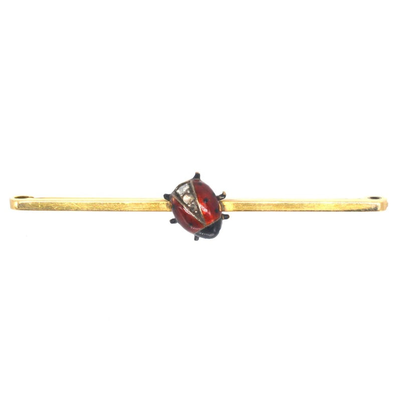 Art Deco 9ct Gold Red Enamel & Diamond Ladybird Bar Brooch
