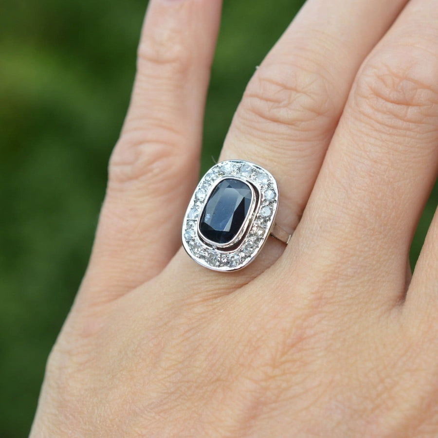 Art Deco French Platinum Dark Sapphire and Diamond Cluster Ring | Parkin and Gerrish | Antique & Vintage Jewellery