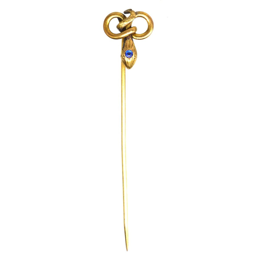 Art Nouveau 'FIX' Gold Snake Tie Pin with a Blue Paste | Parkin and Gerrish | Antique & Vintage Jewellery