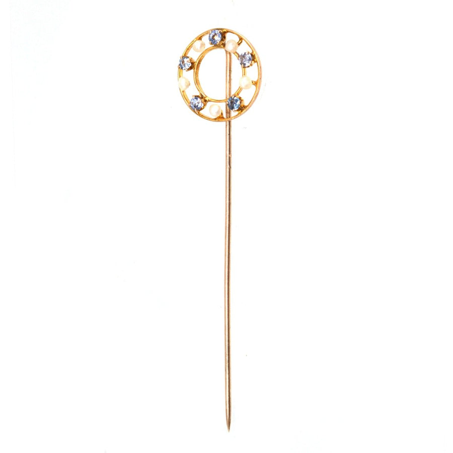 Early 20th Century 10ct Gold Cornflower Sapphire & Seed Pearl Tie Pin | Parkin and Gerrish | Antique & Vintage Jewellery