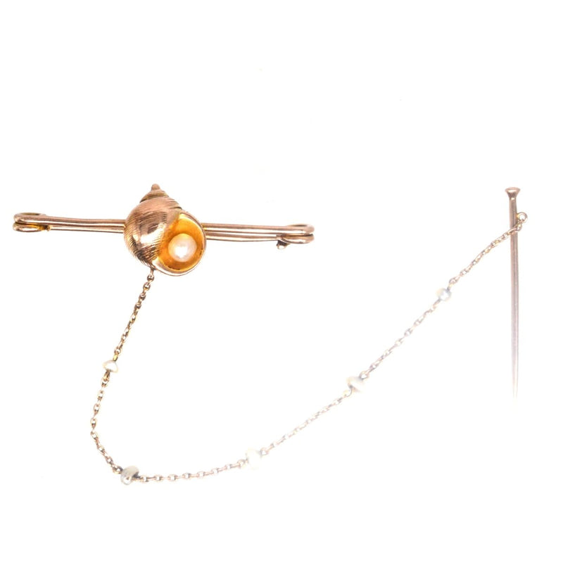 Edwardian 15ct Gold Bar Brooch with a Sea Shell and a Pearl