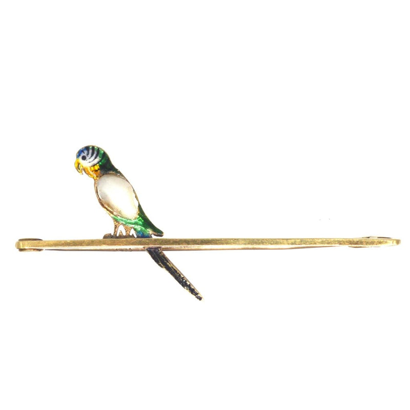 Edwardian 15ct Gold Enamel & Pearl Parrot Bar Brooch