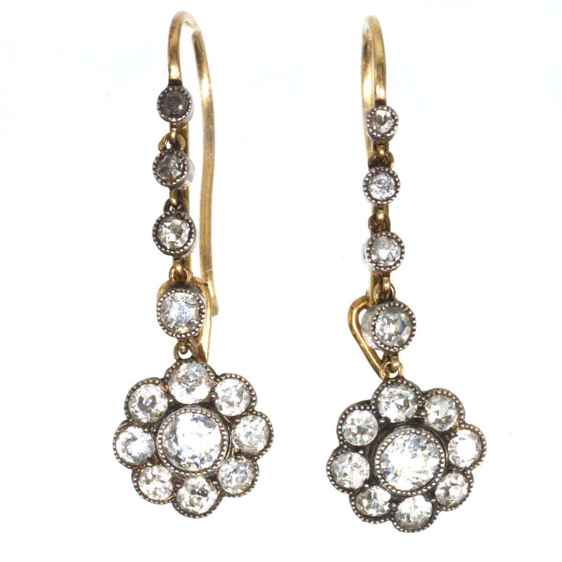 Edwardian 18ct Gold and Platinum Diamond Cluster Drops
