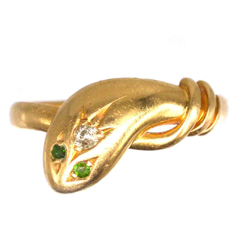 愛德華時代 18ct 金單蛇戒指，配鑽石和綠石榴石眼睛