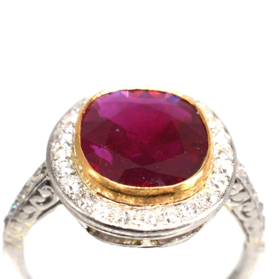 Edwardian 18ct White Gold Certificated Unheated Burma Ruby and Diamond Cluster Ring | Parkin and Gerrish | Antique & Vintage Jewellery