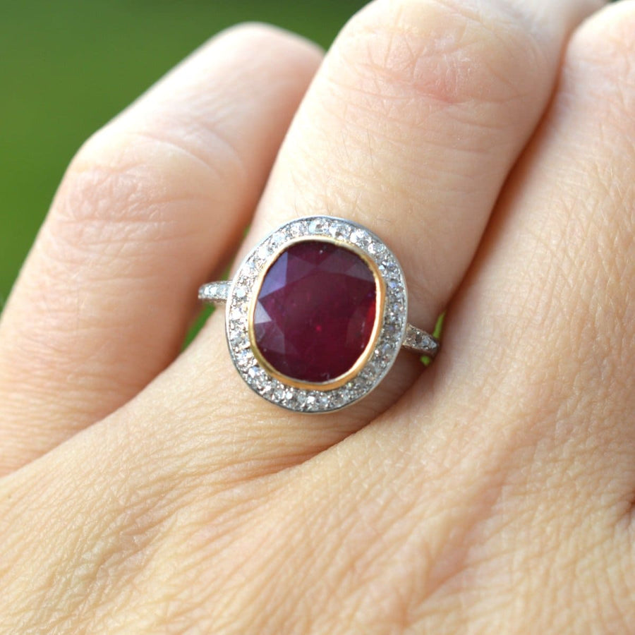 Edwardian 18ct White Gold Certificated Unheated Burma Ruby and Diamond Cluster Ring | Parkin and Gerrish | Antique & Vintage Jewellery