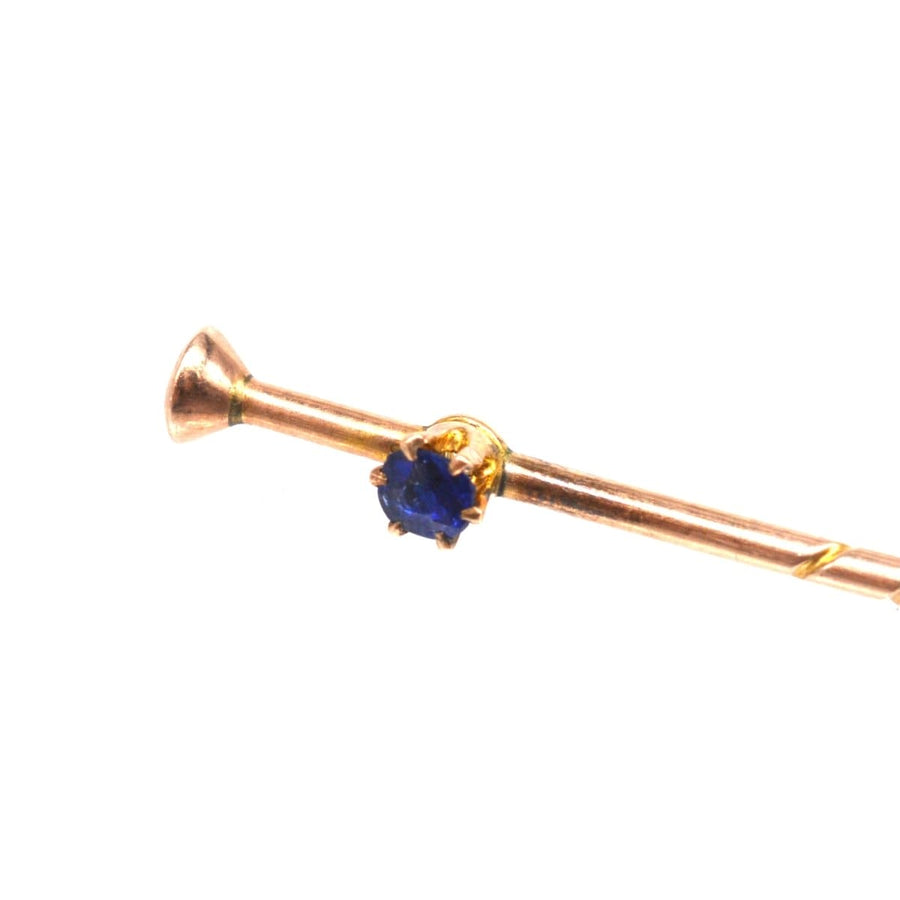 Edwardian 9ct Gold Tie Pin of a Walking Cane / Stick with a Sapphire | Parkin and Gerrish | Antique & Vintage Jewellery