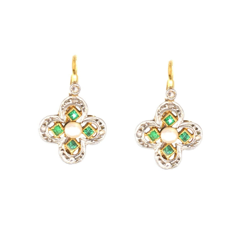 Edwardian Emerald, Diamond and Pearl Quatrefoil Earrings