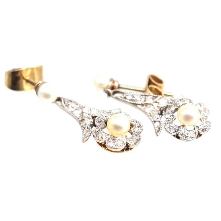 Edwardian Platinum and 18ct Gold, Pearl and Diamond Earrings | Parkin and Gerrish | Antique & Vintage Jewellery