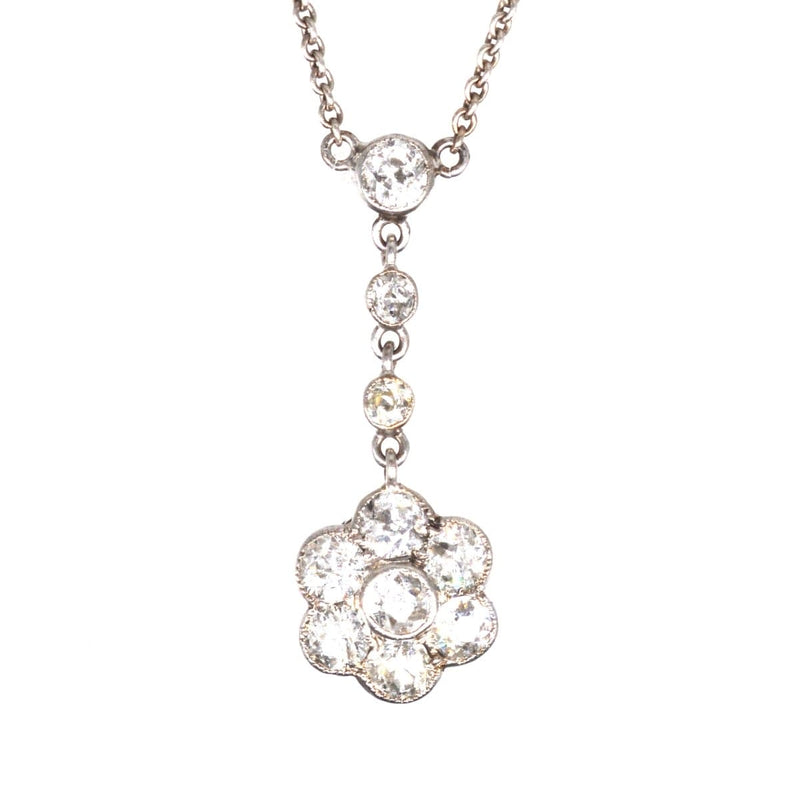 Edwardian Platinum Diamond Cluster Drop Necklace