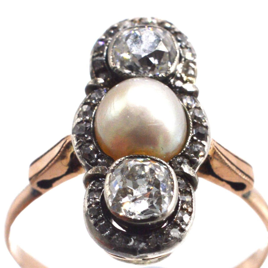 Edwardian Silver and 15ct Gold Old Mine Cut Diamond and Natural Pearl Three Stone Ring | Parkin and Gerrish | Antique & Vintage Jewellery