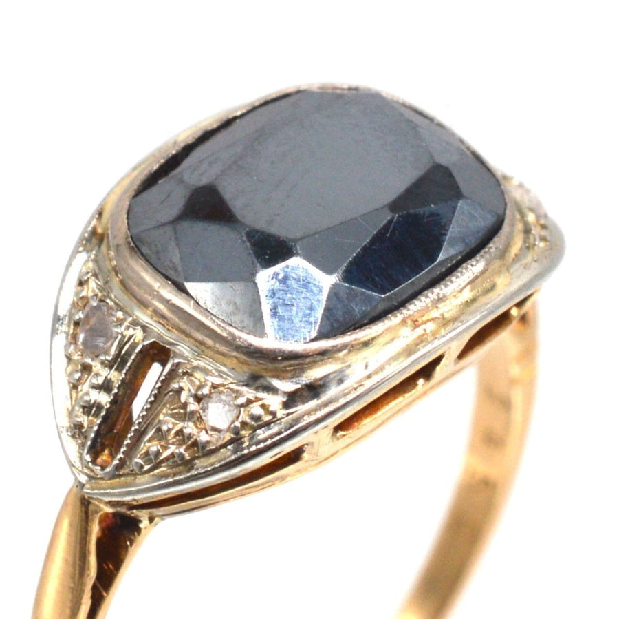 French Art Deco 18ct Gold and Platinum Hematite and Diamond Ring | Parkin and Gerrish | Antique & Vintage Jewellery