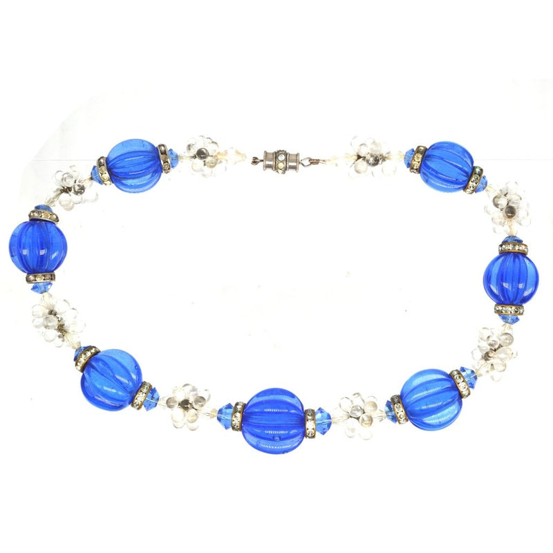 French Art Deco Melon-Cut Cobalt Blue Glass Necklace