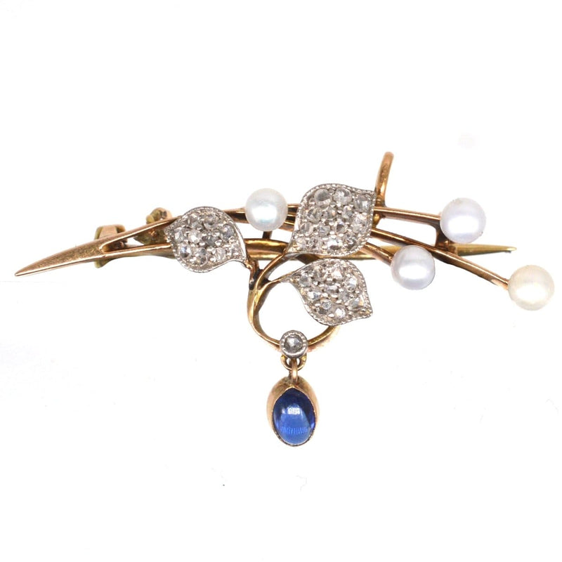 French Art Nouveau 14ct Gold Pearl, Diamond and Cabochon Sapphire Brooch / Pendant