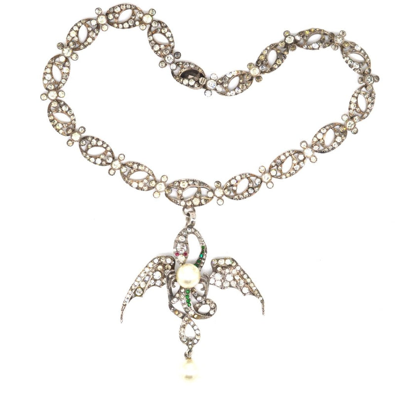 French Art Nouveau Silver Paste and Faux Pearl Winged Serpent Necklace