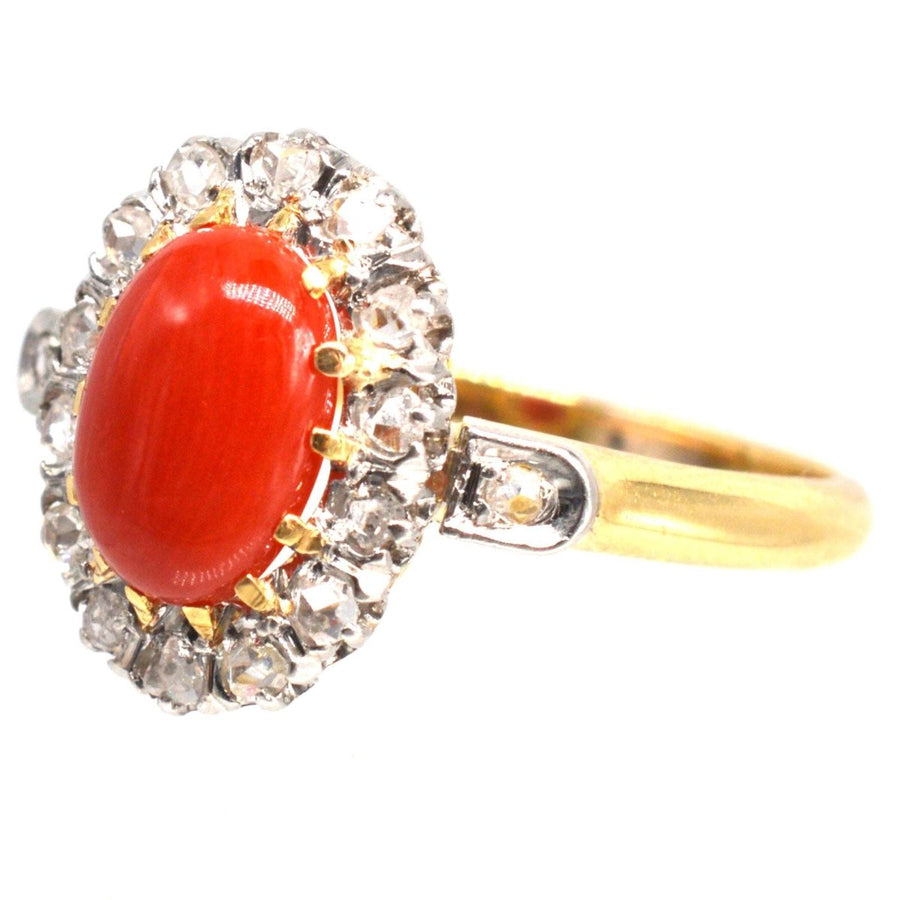 French Belle Époque Hot Red Coral and Diamond Cluster Ring | Parkin and Gerrish | Antique & Vintage Jewellery