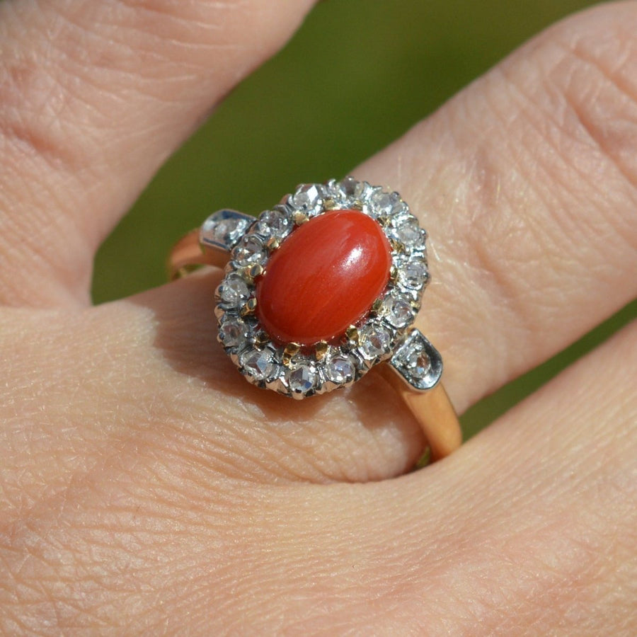 French Belle Époque Hot Red Coral and Diamond Cluster Ring | Parkin and Gerrish | Antique & Vintage Jewellery