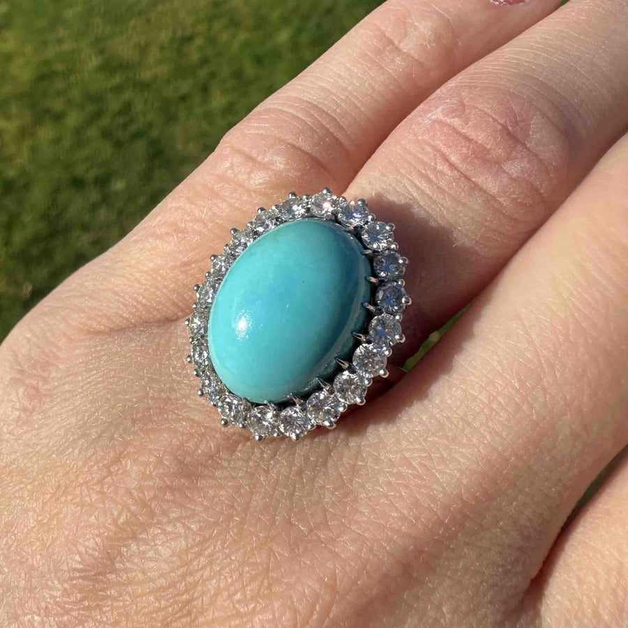 French Large Vintage Turquoise and Diamond Cluster Cocktail Ring | Parkin and Gerrish | Antique & Vintage Jewellery