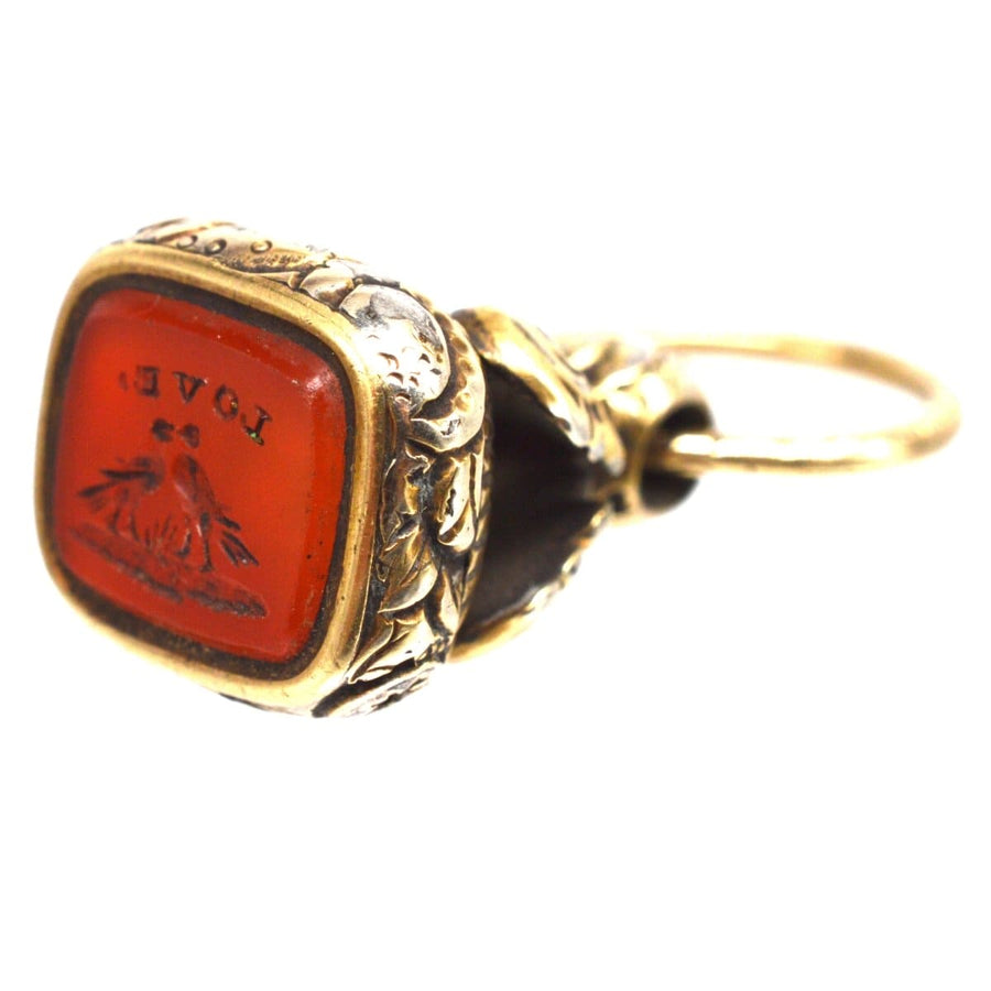 Georgian Gold Cased Seal with Carnelian Intaglio of Two Dove Birds and Love | Parkin and Gerrish | Antique & Vintage Jewellery