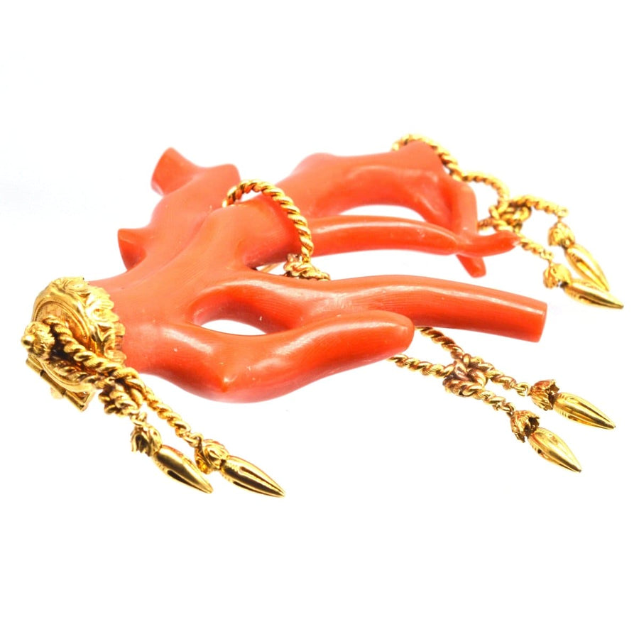 Large 19th Century Red Coral branch brooch with gold tassel details, in extravagant rocaille style.