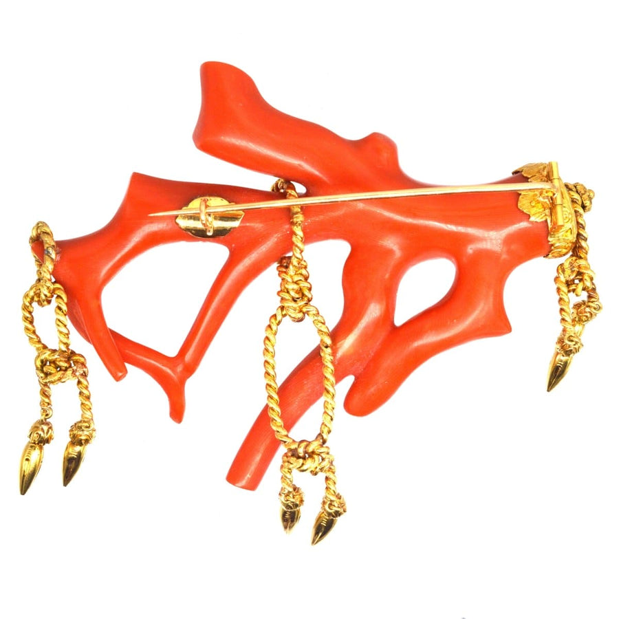Large 19th Century Red Coral Branch Brooch with Gold Rope Tassels, Ornate Rocaille Style
