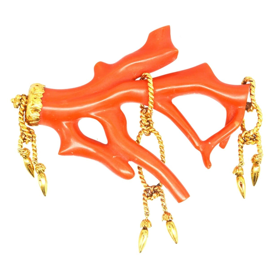 Large 19th century red coral branch brooch with gold rope tassels, elegant vintage accessory.