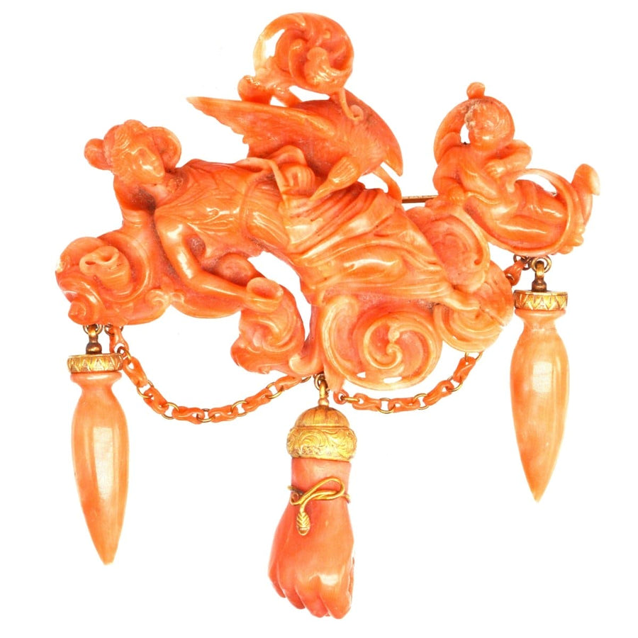 Large antique Italian carved coral brooch depicting the goddess Hebe, Zeus, and Cupid in a classical scene.