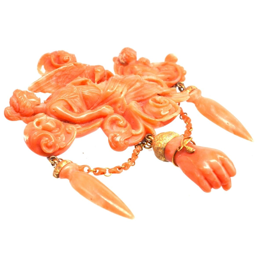 Large antique Italian carved coral brooch depicting goddess Hebe, featuring Zeus and Cupid, detailed craftsmanship.