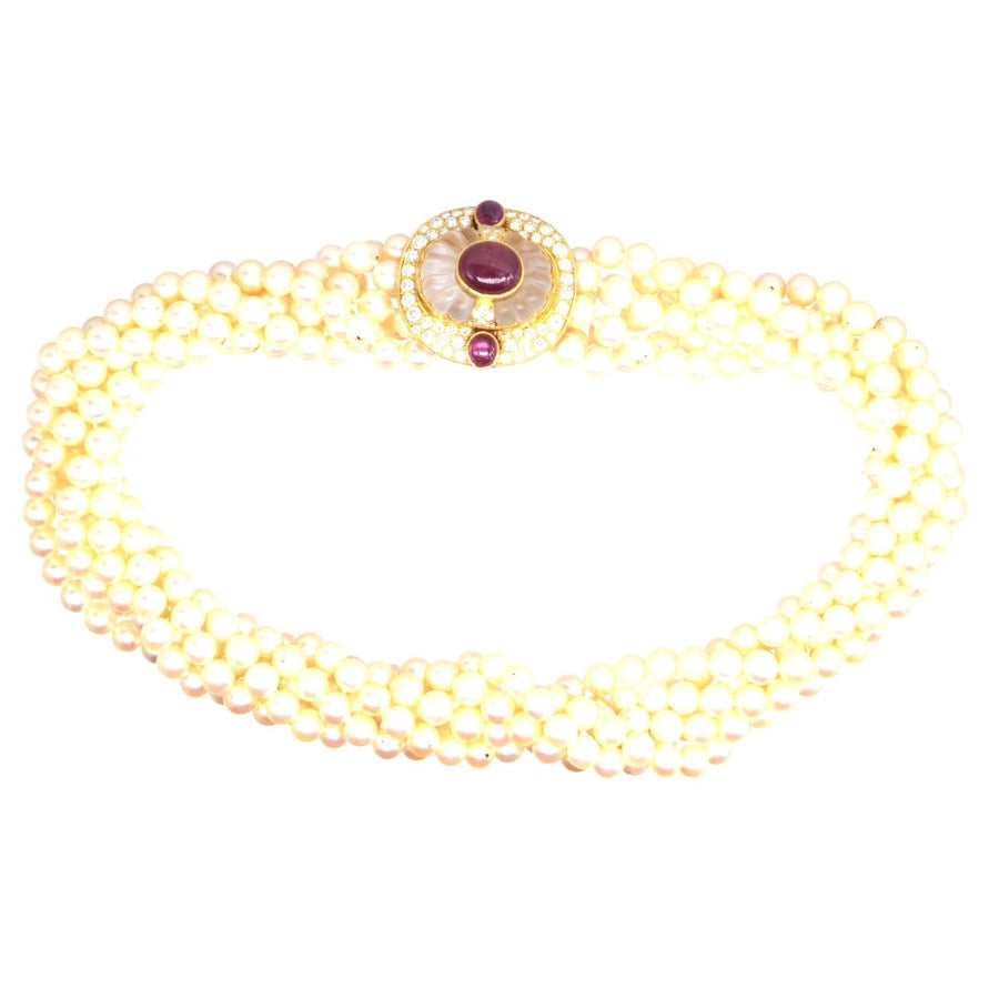 Mid Century French 18ct Gold Cultured Pearl Torsade necklace with Diamond, Rock Crystal and Ruby Clasp | Parkin and Gerrish | Antique & Vintage Jewellery