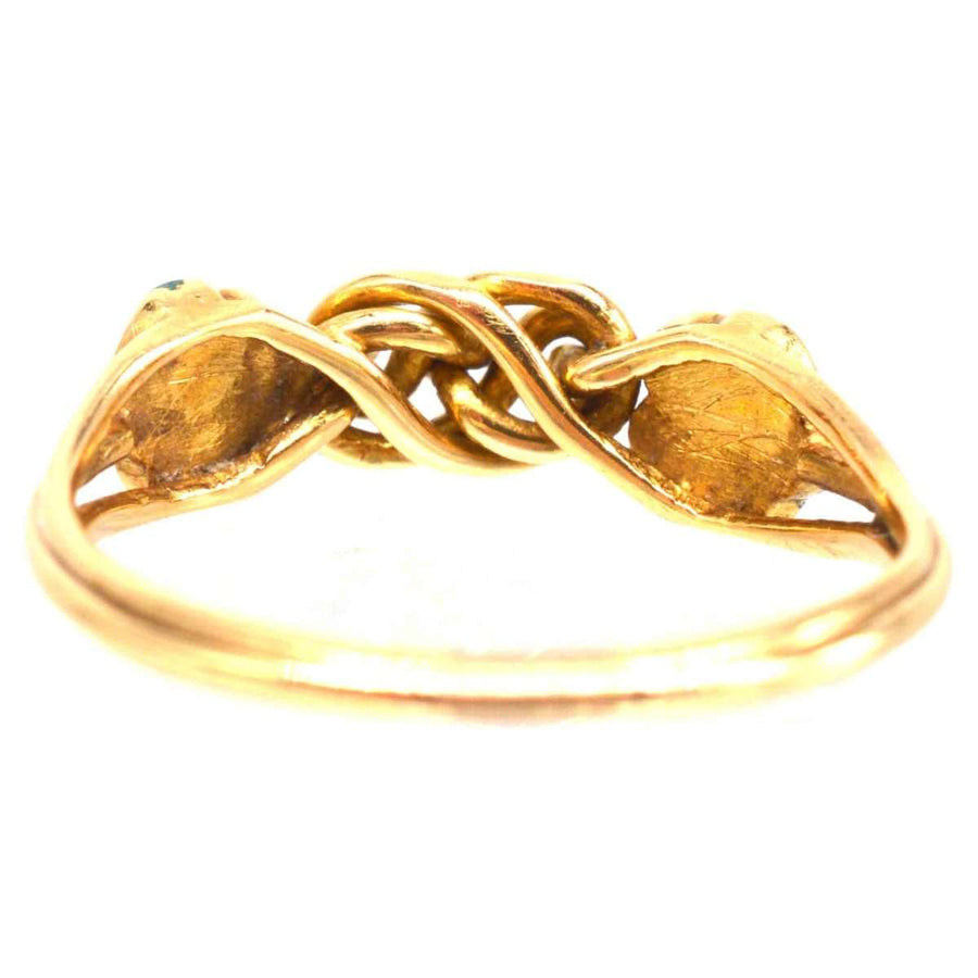 Regency 18ct gold ring featuring turquoise forget-me-not flowers and a gold lover's knot design.