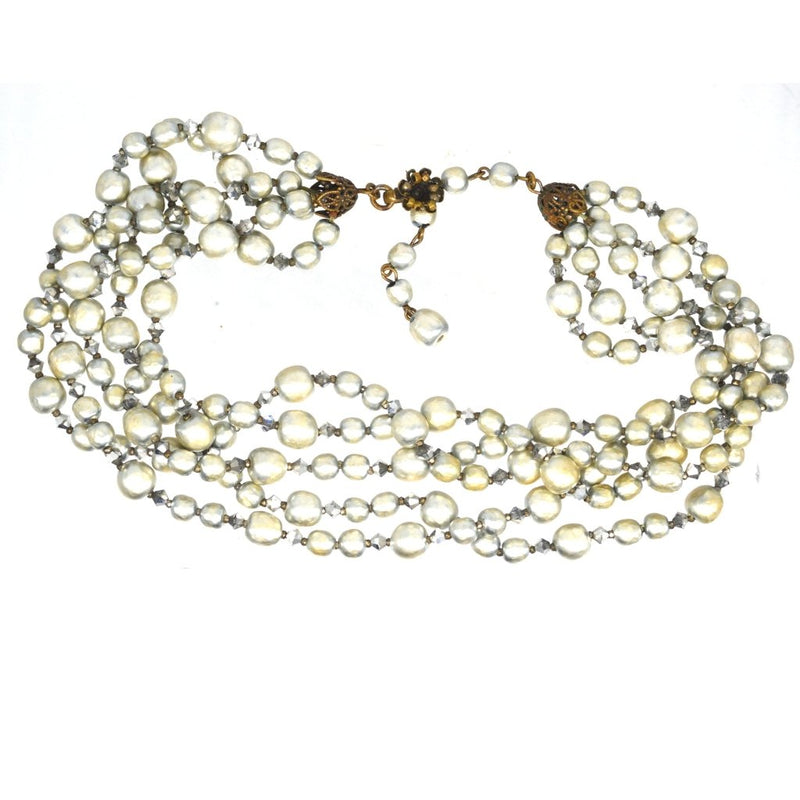 Signed Miriam Haskell Five-Strand Faux Pearl Necklace